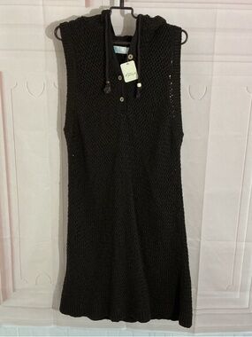 Free People dark green Knit Hooded cover up dress length with Wood Buttons